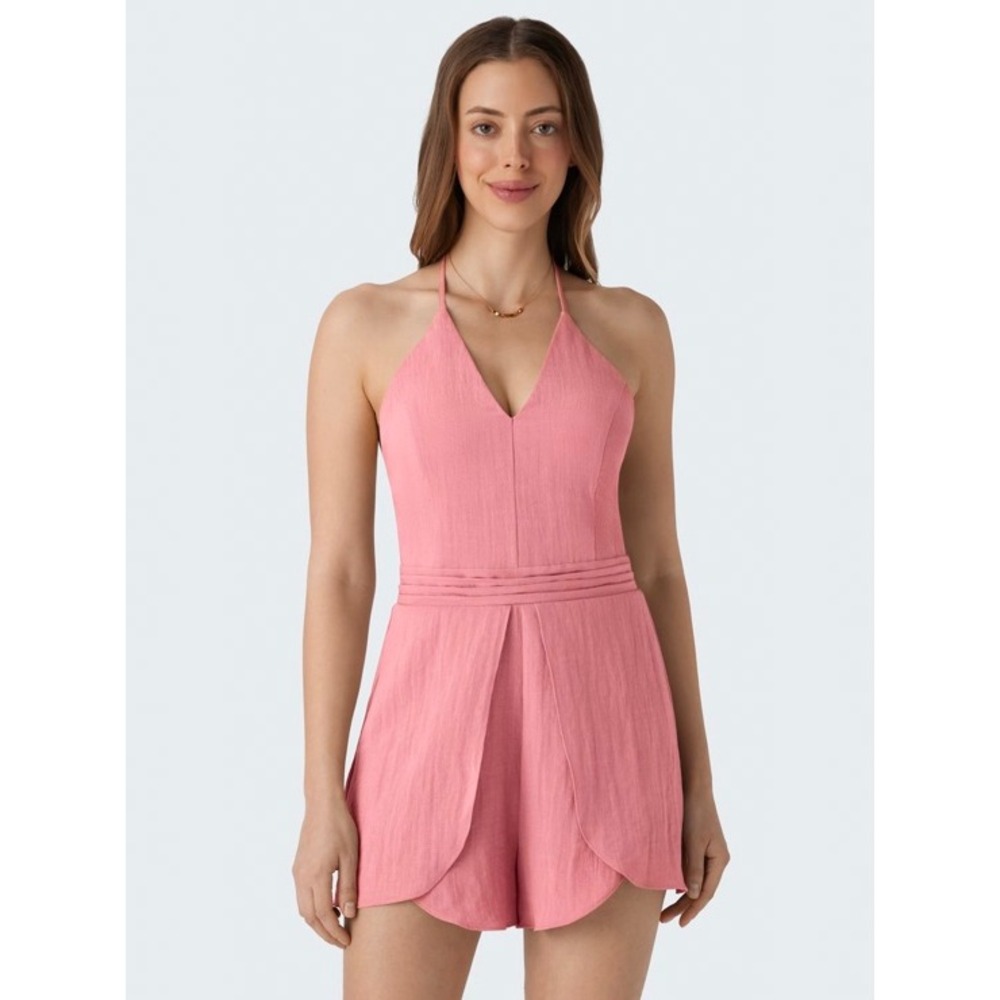 Halara Halter Crossover Hem Casual Linen-Feel Romper Medium